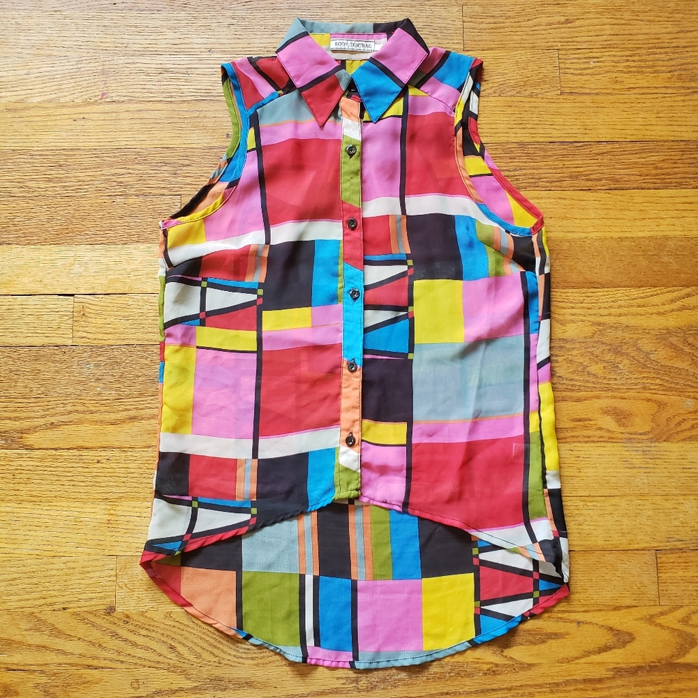 Vintage 90s Mondrian art style print button up collar sleeveless blouse Small S